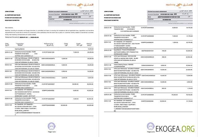 Modèle Word et PDF de relevé de compte EAU Mashreq, 2 pages